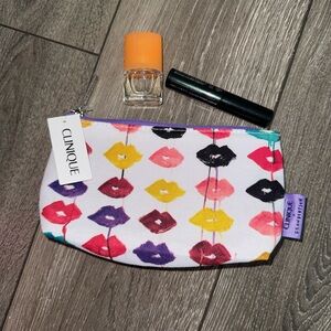 Clinique Multicolor Lip Print Cosmetic Bag with mini perfume and mascara